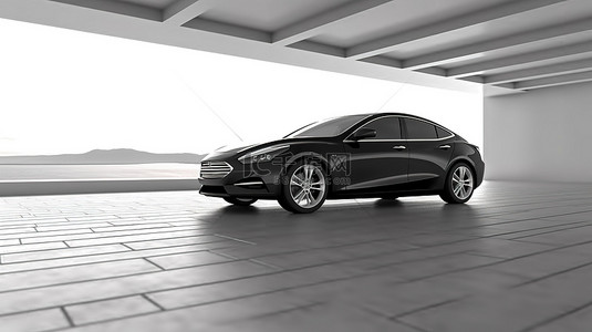 风景优美的户外环境中时尚的无品牌黑色跑车 3D 插图