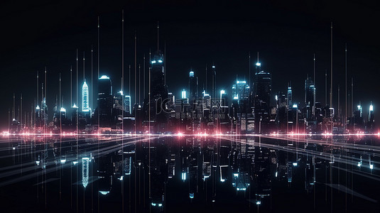 未来的网络城市景观 3d 夜间大城市渲染与发光的灯光和反光的黑暗技术场景