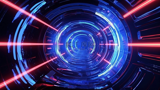 科技循环背景图片_抽象网络空间中的科幻隧道机，带有红蓝灯 3D 渲染循环