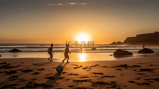 足球运动背景图片_夕阳沙滩落日孩子玩足球广告背景