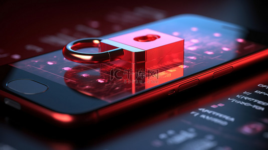 手机屏幕具有 3D 渲染挂锁和密码字段，可确保个人数据的安全