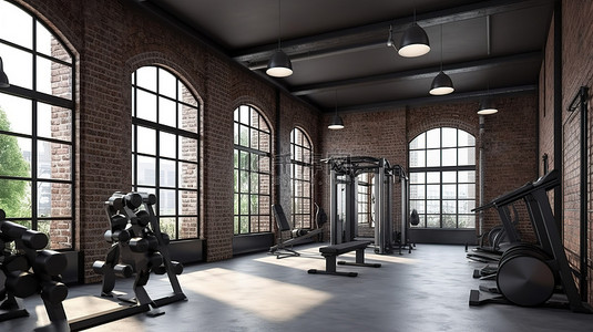 3d 渲染中的现代阁楼健身房和健身室