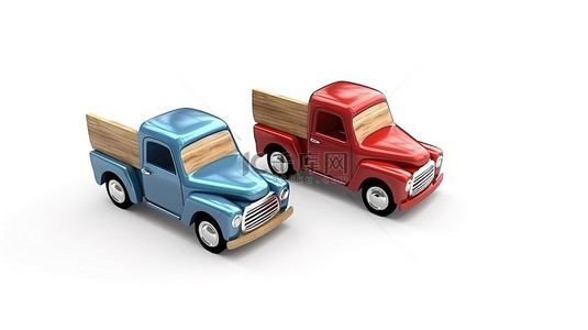 白色背景的 3D 插图与红色和蓝色木制皮卡车设计