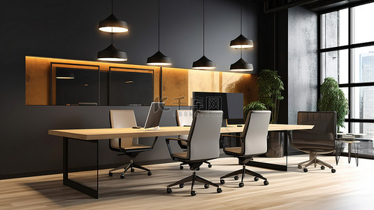 椅子海报背景图片_现代工作空间 3D 渲染模型海报木地板桌椅和现代办公室内部的玻璃反射