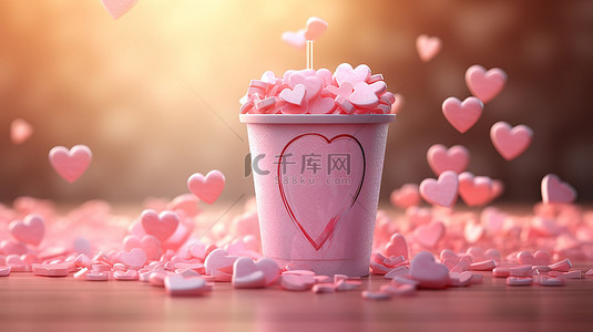 塑料粉红糖心冰沙杯的 3D 渲染