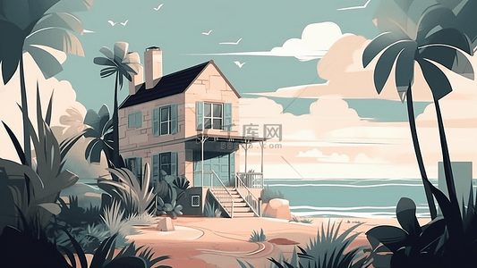 夏季背景图片_卡通房子海边背景