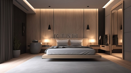 带电视的酒店套房令人惊叹的简约卧室 3D 渲染