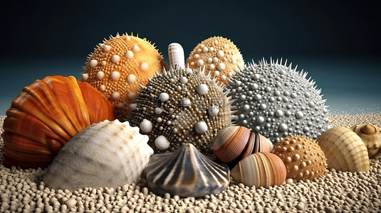 海洋生物背景海胆贝壳鲤鱼和珊瑚的 3D 渲染