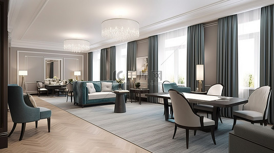 现代经典酒店房间的设计师家具休息室和用餐区 3D 渲染