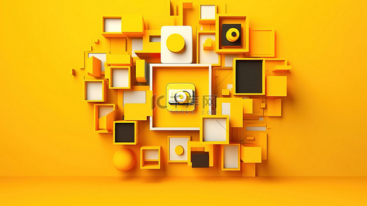 黄色社交媒体框架和 Instagram 帖子插图图标的 3D 渲染