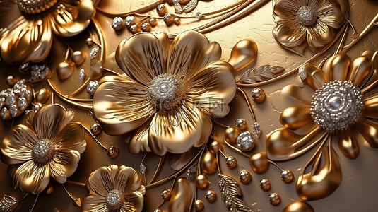 珠宝背景图片_金色皮革背景与经典的室内空间装饰由 3D 壁纸和珠宝花朵