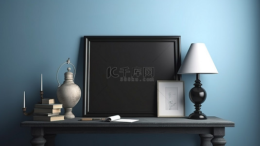 背景照片墙背景图片_带有书本和金属灯的蓝色桌子上黑色框架照片模型的高架 3D 渲染