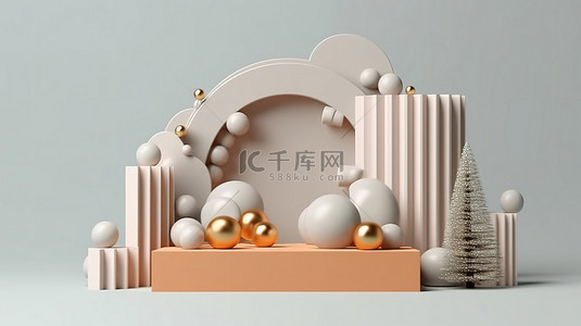 产品扇子背景图片_3D 圣诞节讲台展示，展示节日物品的抽象集合