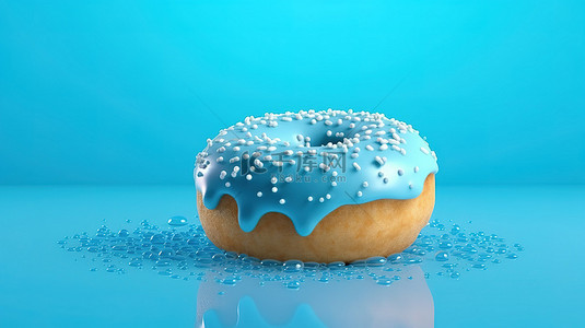 糖衣甜甜圈的 3D 渲染，以最小的食物概念隔离在蓝色背景上，并具有特写视图