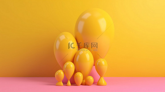 浪漫贺卡背景图片_黄色气球妈妈心形气球和粉红色背景 3D 渲染