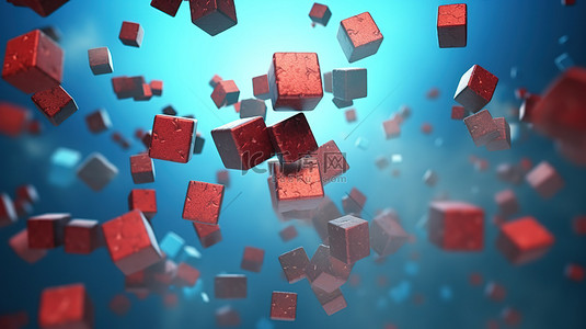 蓝色和红色背景下飞行中的金属立方体的 3D 插图
