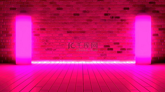 花背景图片_以砖墙为舞台背景的粉色霓虹灯房间的 3D 插图