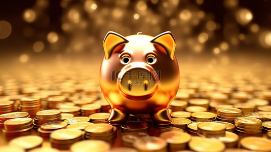 3D 插图描绘了带有金猪银行和堆叠金币的金融和储蓄概念