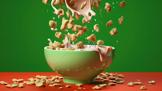 绿色陶瓷碗，里面装满牛奶和柔和的谷物，在通过 3D 技术创建的充满活力的红色背景上爆裂和散落