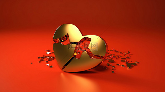 受损的心形徽章在深红色金属板上闪烁着破碎的心形 3d 社交媒体图标