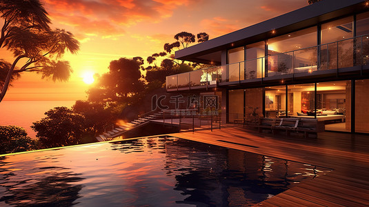 令人惊叹的现代家居 3D 渲染，可欣赏令人惊叹的日落美景