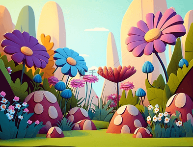 可爱的小花草地蘑菇卡通的花卉背景