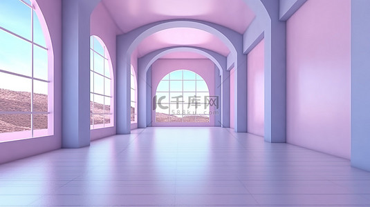 粉红色紫色背景图片_超现实的氛围一个宽敞的大厅，粉红色紫色和蓝色的 3D 渲染，有空闲的空间和多个窗户
