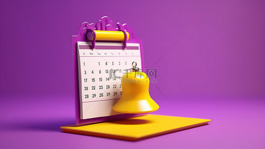 可爱的 3D 渲染紫色日历，白皮书上有空白检查点和欢快的黄色铃声提醒