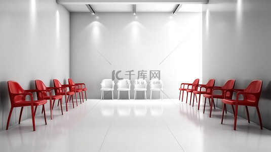等候室白色椅子中一把孤独的红色椅子的 3D 渲染