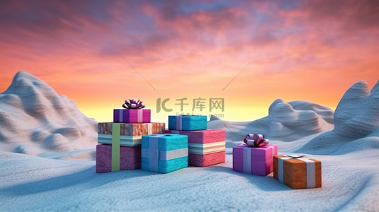 雪景夜背景图片_满月下降雪和彩色礼品盒山景的 3D 渲染