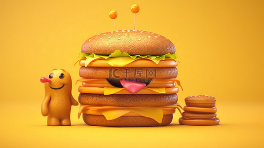 卡通人物描绘由于肥胖而用汉堡代替快餐全身的影响 3D 插图和 3D 渲染
