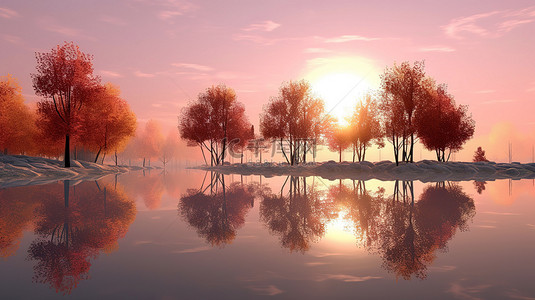 日出时宁静的湖泊景观的令人惊叹的 3D 渲染，以粉红色的树木和金色的草为特色