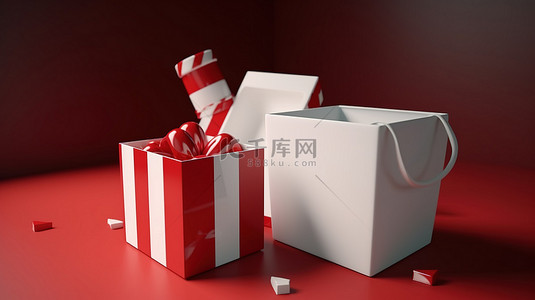 新品首发标贴背景图片_在 3D 渲染中带有匹配贴纸的红色和白色礼品盒