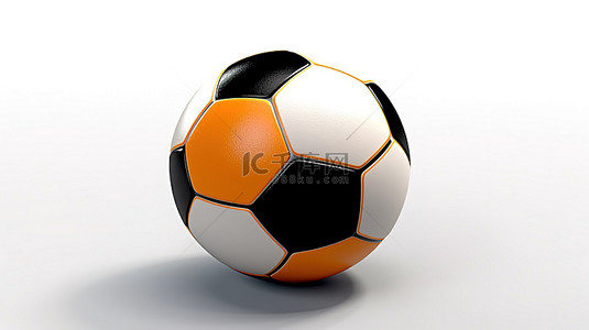 白色 3D 插图展示了一个现代黑色和橙色足球，正面有阴影
