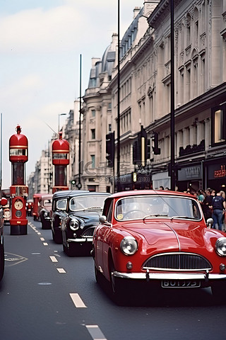 红色和黑色的经典汽车沿着城市街道行驶