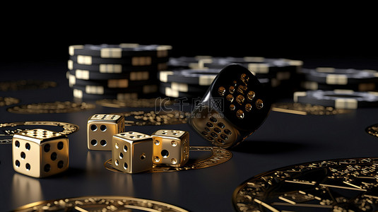骰子光背景图片_游戏乐趣图解 3D 渲染芯片组扑克牌和带有金色装饰的黑色骰子
