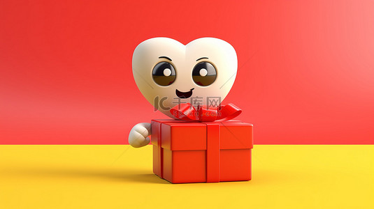 黄色背景，3D 渲染的红心吉祥物拿着礼品盒和丝带