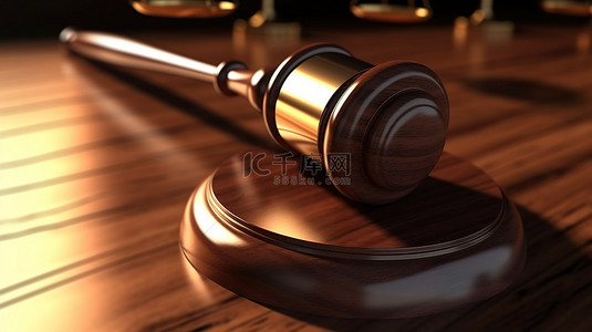 木制背景上带有复制空间的法律和司法法官木槌的 3D 插图