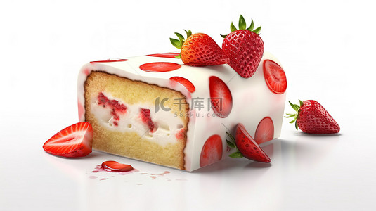 白色背景展示 3D 草莓香草蛋糕