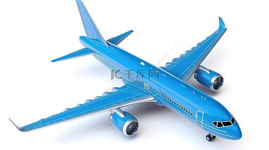 玩具飞机背景图片_白色背景上带有客机或空客机翼的蓝色玩具飞机的 3D 渲染