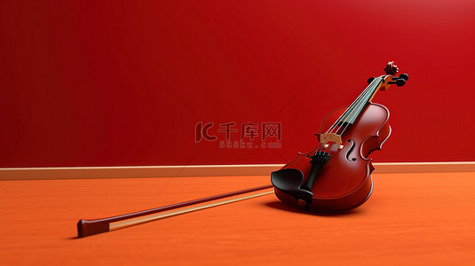 小提琴背景图片_充满活力的红色背景上经典木制小提琴和弓的 3D 渲染