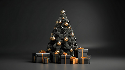 深灰色背景中的 3D 渲染概念横幅，用于圣诞树和新年礼物