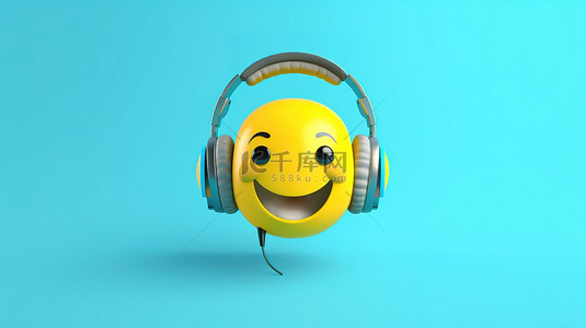 耳机表情符号在蓝色背景上干扰音乐的 3D 渲染