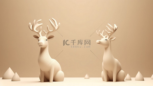 雪鹿背景图片_两只驯鹿在 3D 渲染中，米色背景上有充足的复制空间
