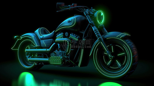 未来派摩托车的 3D 插图，带有发光点和线条，融合了运动交通和技术