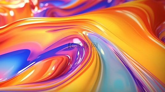 充满活力的液体抽象背景的 3D 渲染插图，具有起伏的条纹亮点和发光效果