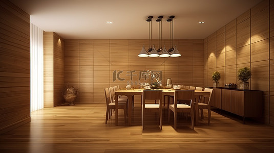 酒店背景图片_以 3D 渲染的木镶板餐厅，营造出宽敞的感觉