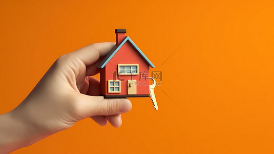 电池背景图片_卡通手拿着房子形状的钥匙圈的 3D 插图