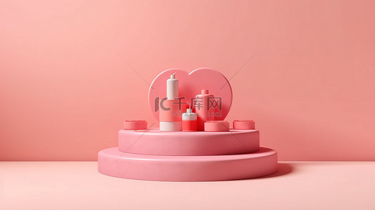 圆圈背景图片_柔和的背景与粉红色讲台和红色 3D 心美学展示化妆品 3D 渲染