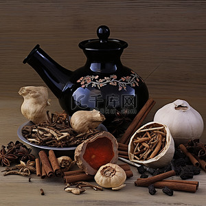 香料背景图片_茶壶旁边展示了一些茶草和香料